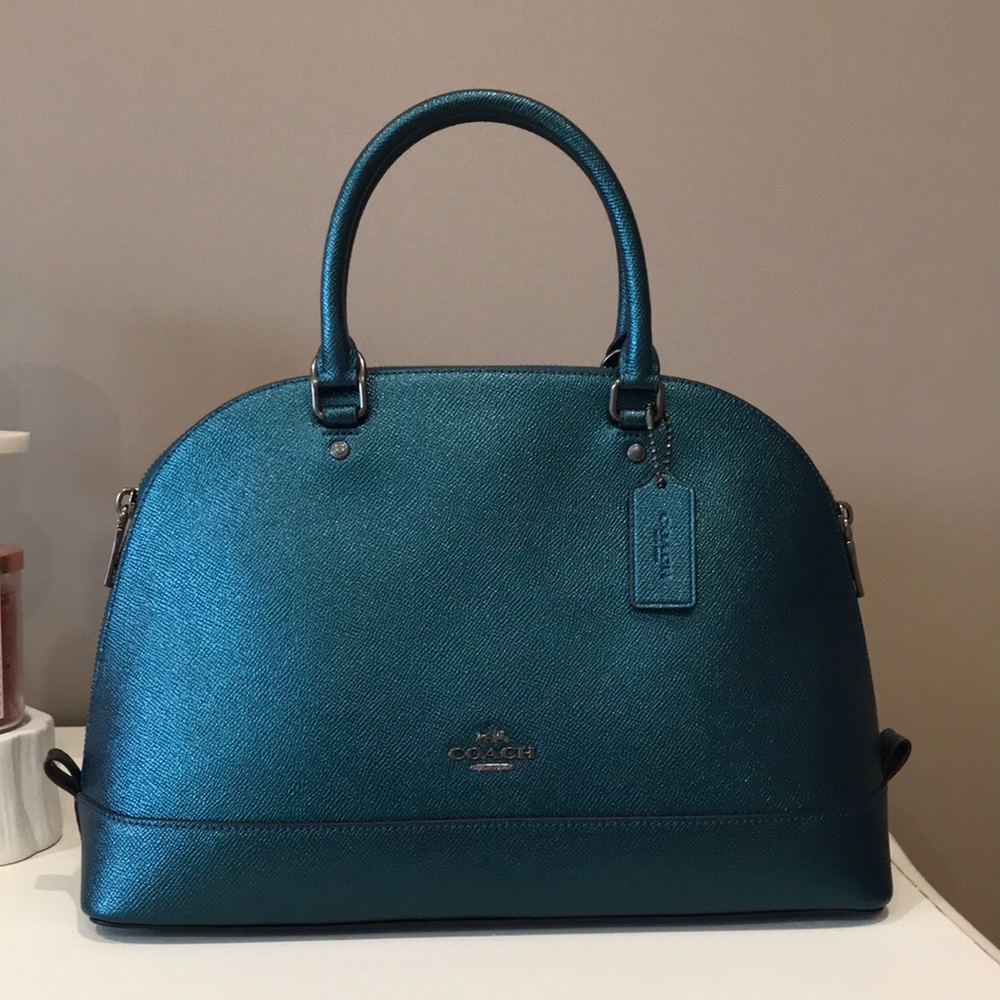 Coach metallic teal cross grain leather satchel new without tag